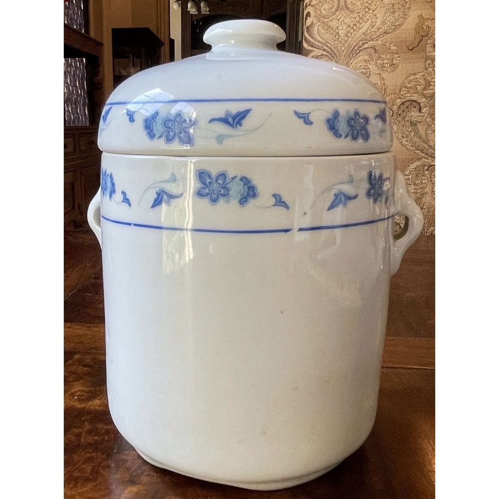 Vintage 7" Asian Canton Chinoiserie Blue & White Ginger Tea Jar with Dual lid
